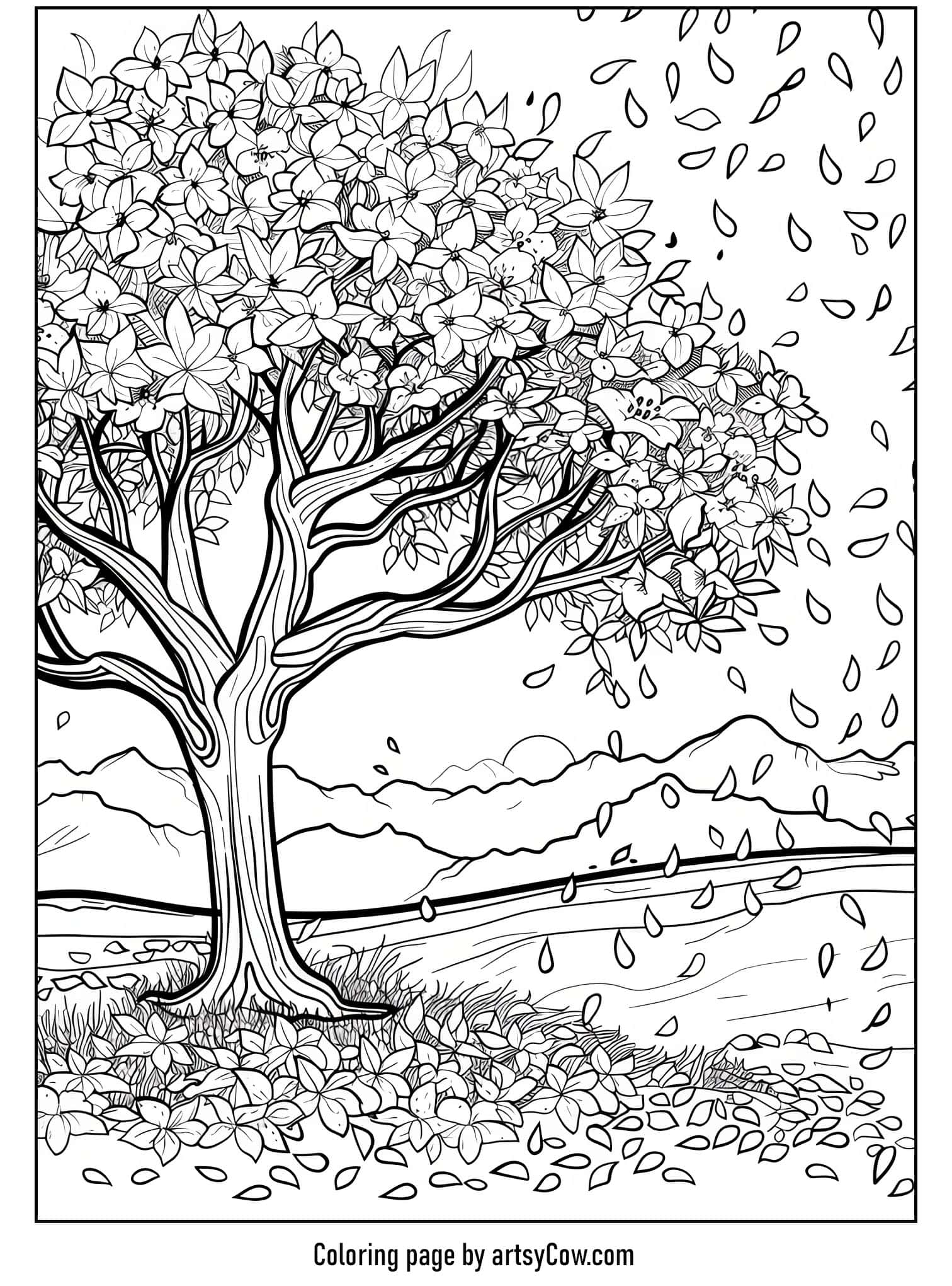a serene spring scenery with meticulously detailed tree blossoms